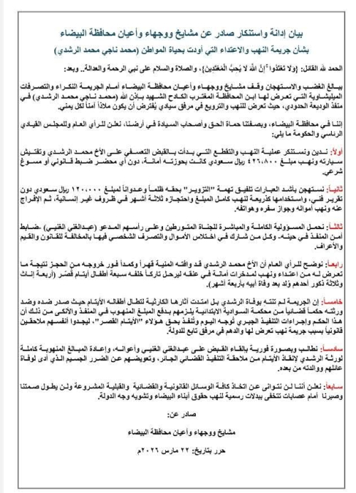 مشايخ ووجهاء البيضاء يطالبون مجلس القيادة الرئاسي بتشكيل لجنة تحقيق في قضية المجني عليه محمد الراشدي